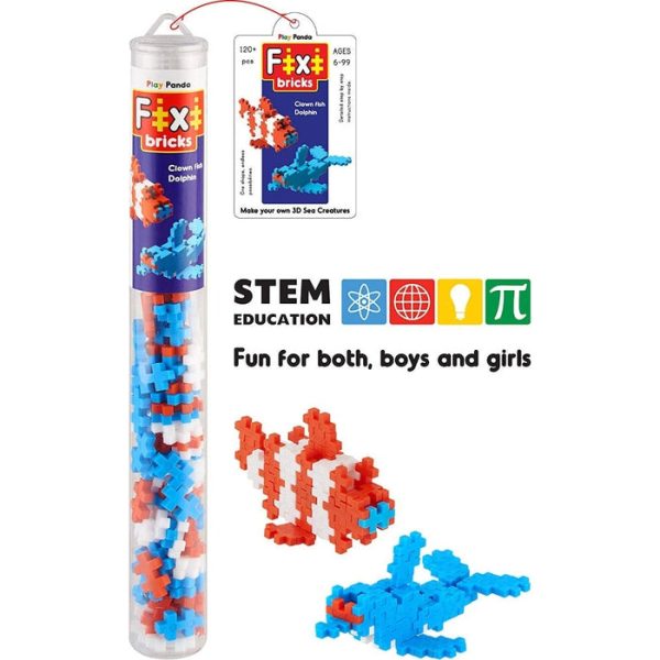 Fixi Bricks Aqua Tube 1 - Dolphin and Clown fish - With 120 pcs, Detailed Assembly Instructions and Storage Tube - Small Parts (Age 6-99 yrs) For Sale